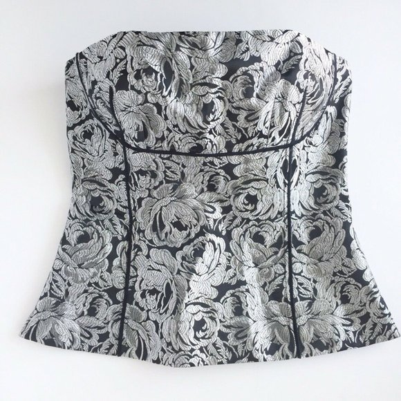 WHBM Black Silver Metallic Floral Brocade Bustier - Picture 1 of 8